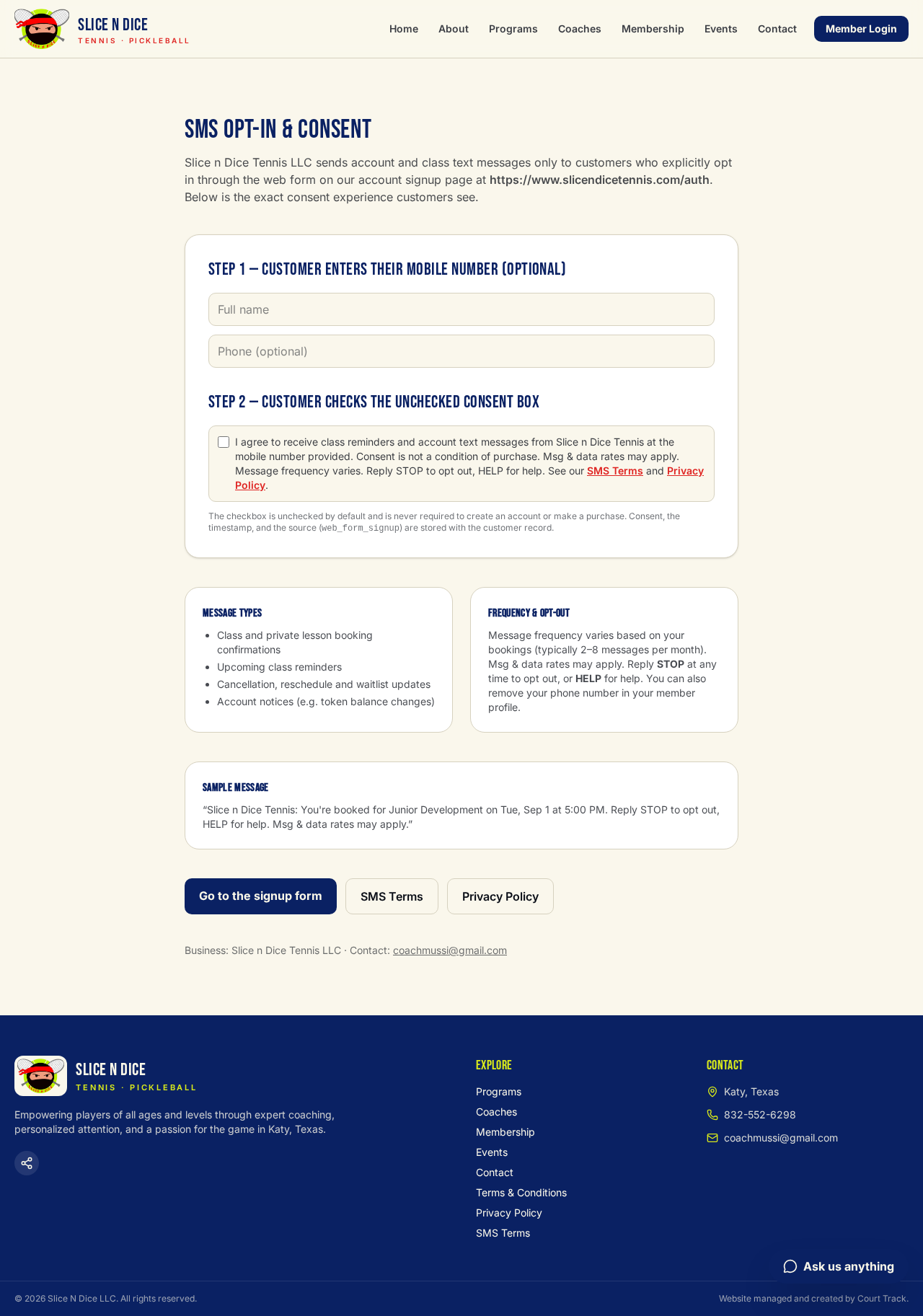Slice n Dice Tennis SMS opt-in and consent disclosure page