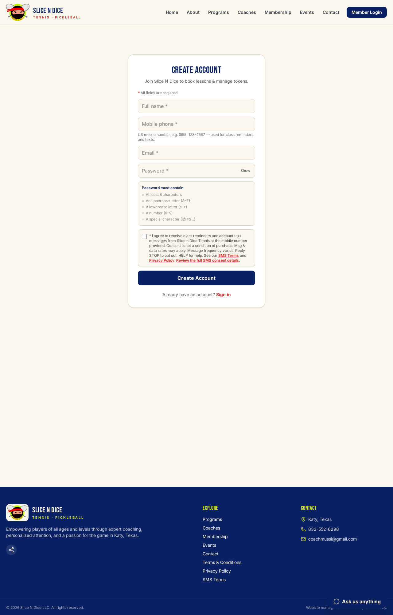 Slice n Dice Tennis account signup form showing required mobile phone field and the SMS consent checkbox with STOP/HELP disclosure